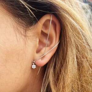 Illusion earring, Silver Big Ear Cuff, 1 side X ear climber with zirconia pendant, ear crawlers, Unusual Jewelry, Statement Punk earrings