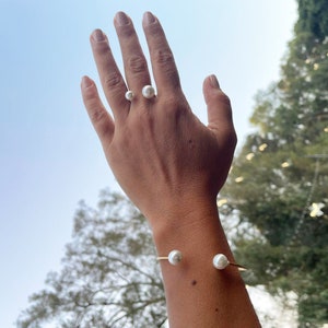 Gold pearl cuff Bracelet Faux Pearl Women Bracelet Refined Double Pearl Cuff White Pearl Bangle Bracelet June Birthstone Pearl cuff Bracelet