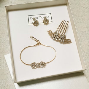 Bridal Jewelry SET, Gold Wedding Jewelry Set, Petite Cubic zirconia earrings, bridal wrist bracelet, Vintage gold hair comb, Bride Jewellery