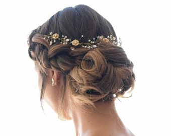 Pezzo di capelli in oro, Corona di capelli da sposa, Tiara da sposa, Vite per capelli da sposa, Copricapo da sposa Boho, Alone da sposa, Alone da sposa, Vite per capelli in oro