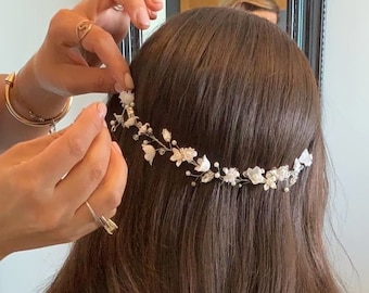 Bridal Piece Hair piece, Floral headpiece, White bride Tiara, Pearl Hairpiece, Boho Hair Vine, Flower Hair piece, Silk Ivory Flower headband