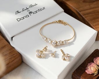 Bride Jewelry Set, Crystal Bracelet, Wedding Bracelet Rose gold ear jackets Earrings, Rose Gold Bridal Jewelry, Wedding Zirconia Ear Jackets