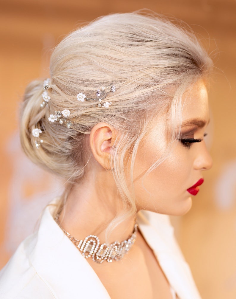 Bridal Hair Accessories, White Flower bridal hair pins, Wedding hair pin, silk flower hair pin, Bridal Hair Clip, Boho Bride Jewelry wedding image 1