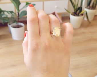 Geometrical Ring, White crystal Geo big Ring, Green Emerald Zirconia Crystal Ring, Emerald Big Ring, Gift For Her, Cocktail Adjustable Ring