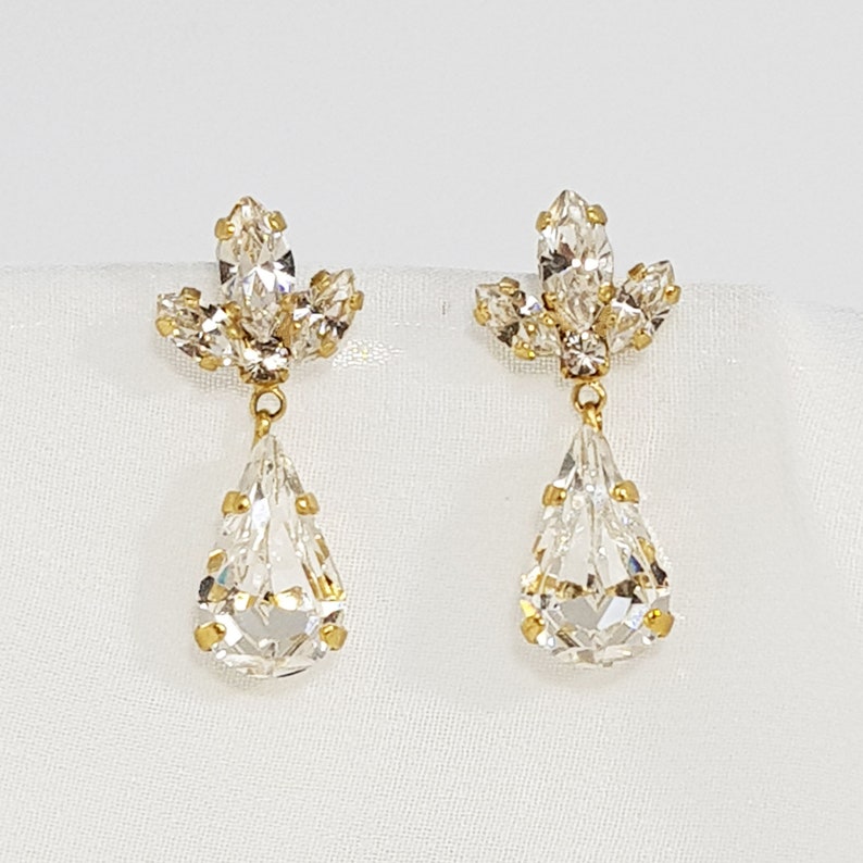 Bride Drop Earrings, European crystal Earrings, Romantic Wedding Jewelry, CZ Drop earrings, Dangle Wedding Earrings, Cubic Zirconia Earring Yellow gold coating