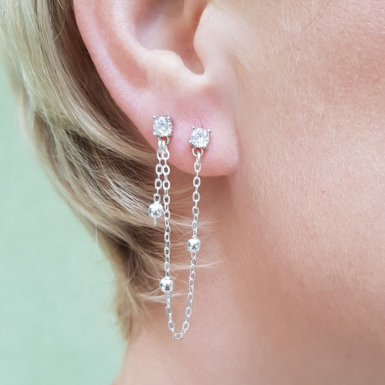 Two hole earrings, Double hole earring, Double piercing earrings, earring set, double ball earrings, Ear Threaders double Chain earrings image 3