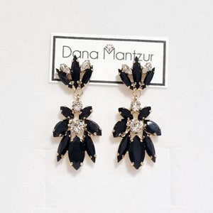 Black earrings, Black chandelier earrings, Bridesmaids earrings, black Gold earrings, Oversize black gold earrings, Black Long Drop Earrings
