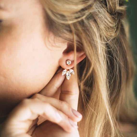 Bridal Ear Jacket Minimal bridal earrings Gold Ear Jacket Wedding Small Cluster Earring Bridal earrings Stud Modern Jewelry CZ jackets
