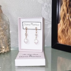 Bride Earrings, Dainty Freshwater Pearl Droplets Earrings, Bridal CZ Paved Leaf Earrings, real pearl earrings, Wedding drop earrings image 2