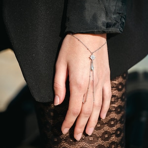 Silver Ring bracelet, Hand Bracelet Hand Chain, Ring Attached to Bracelet, Hand Bracelet Connected to Ring, Slave Bracelet Statement Jewelry