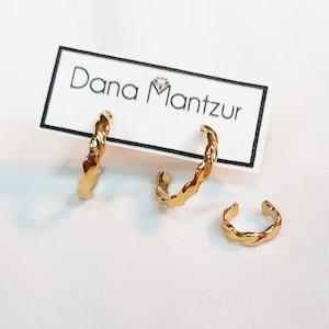 Thick ear cuff, Thick gold hoops, Ornament cuff and wrap earrings, ornament hoop earrings, Gold earrings set, Set of 3 earrings, Ear cuff