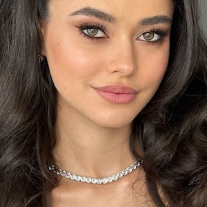 Round rhinestone Tennis Choker, Bride necklace, Diamond Necklace, Wedding silver crystal necklace, Bride Cubic Zirconia chain, 6 mm chain