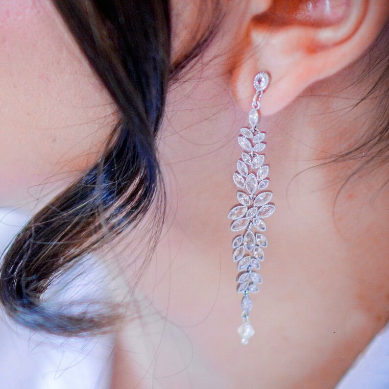 Silver wedding earrings, CZ long earrings, Rhinestone long earrings, Earrings for bridesmaids, Bridal CZ Earrings, Elegant Earrings Silver image 4