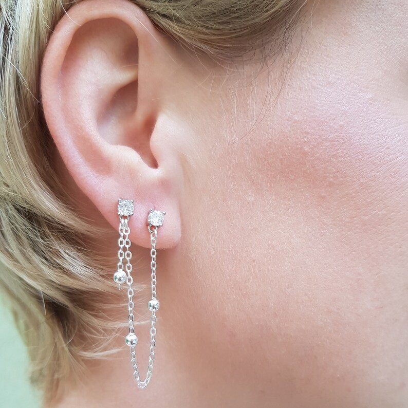Two hole earrings, Double hole earring, Double piercing earrings, earring set, double ball earrings, Ear Threaders double Chain earrings image 6