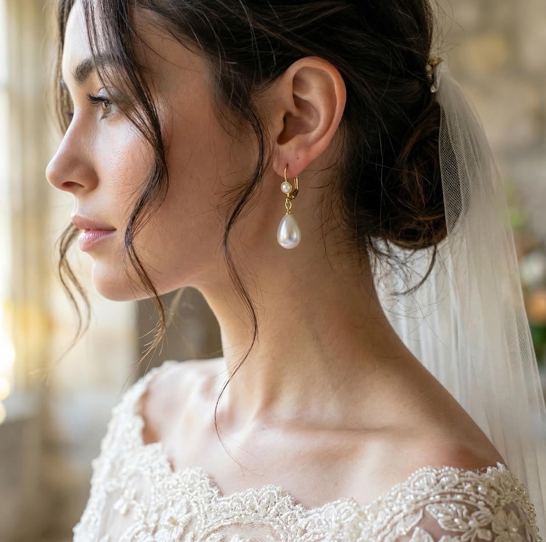 Gold Drop Pearl Earrings