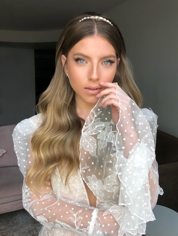 Crystal Pearl Crown, Gold Bride Tiara, Elegant Gold Headband  display picture 3