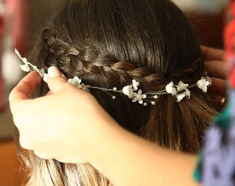 Vite per capelli Boho, copricapo floreale Boho, copricapo alla moda di perle, vite per capelli da sposa in foglia d’oro, vite per capelli Boho, corona della dea dei fiori, vite per capelli