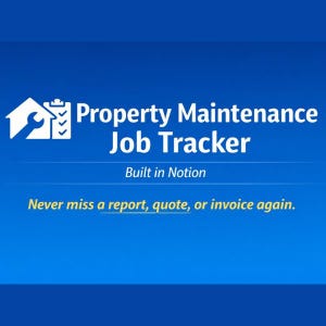 Pode incluir: Gráfico azul com o texto "Property Maintenance Job Tracker" e o slogan "Never miss a report, quote, or invoice again." O gráfico inclui um ícone de casa com uma chave inglesa e uma lista de verificação.
