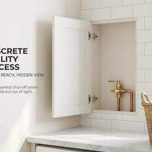 May include: A white recessed cabinet door installed in a white tiled wall, revealing a brass shut-off valve connected to copper pipes. Text on the wall reads: DISCRETE UTILITY ACCESS, QUICK REACH, HIDDEN VIEW. Keep essential shut-off valves accessible.