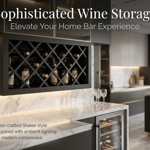 May include: A black wall-mounted wine rack with a diamond lattice grid, holding several wine bottles. The text reads: Sophisticated Wine Storage, Elevate Your Home Bar Experience, Precision-crafted Shaker style lattice paired with ambient lighting for the modern connoisseur.