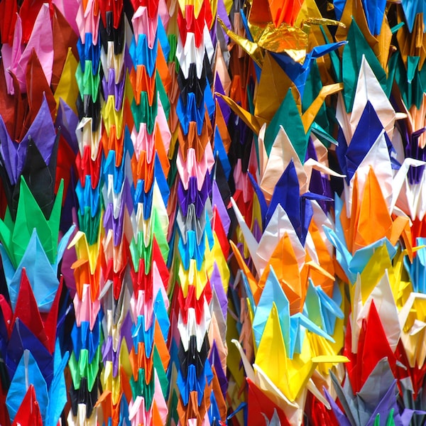 The story of 1000 origami cranes comes to life outside of a temple in Tokyo.