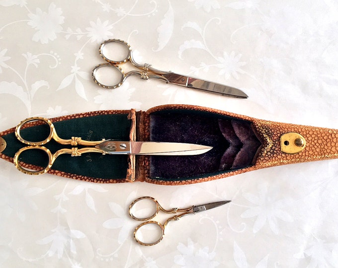 RARE JA Henckels Antique Sewing Scissors Set of 3 With Case Twin Works