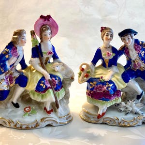 Two Romantic Couples Antique Victorian Porcelain Hand Painted Figurines Lamb Birds Germany