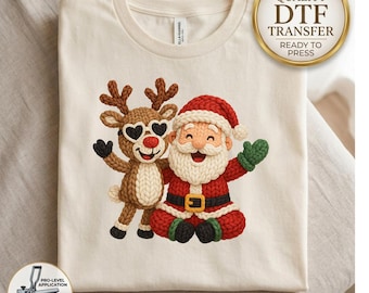 Knitted Santa Reindeer DTF Transfer, Faux Yarn Look Christmas Heat Transfer, Crochet Style Reindeer & Santa Iron On Decal