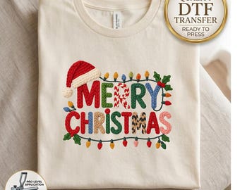 Merry Christmas Faux Yarn DTF Transfer, Crochet Style Christmas Lights Heat Transfer, Faux Embroidery Holiday Iron On Ready to Press