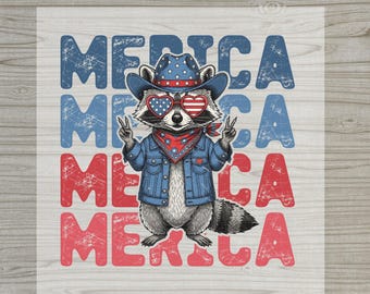 MERICA Raccoon Patriotic Iron-On, Funny Cowboy Hat Flag Sunglasses Transfer, Distressed USA 4th of July Celebration Design