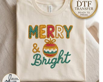 Merry & Bright Crochet Style DTF Transfer, Faux Yarn Christmas Design, Festive Holiday Apparel Iron-On, Faux Embroidery Look