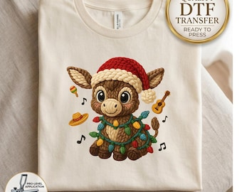 Cute Christmas Donkey DTF Transfer, Faux Yarn Knit Crochet Style Xmas Burro with Lights, Navidad Serape Sombrero Guitar Maraca Transfer