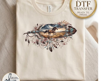 Running Horse DTF Transfer, Western Boho Feather Design, Turquoise Concho Horse Heat Transfer, Ready to Press Equine Shirt Art