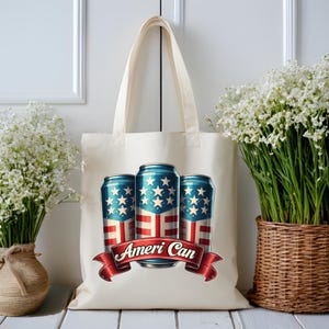 Ameri Can DTF Transfer, Metallic Patriotic Beer Can Iron On, 4th of July USA Flag Ribbon Design, Summer BBQ Ready to Press Heat Transfer Bild 9