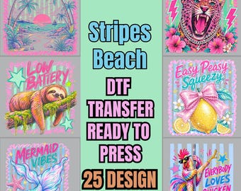 Pastel Stripes Hand Drawn Beach DTF Transfer, Retro Colorful Coastal Summer Aesthetic Iron On, Trendy Summer