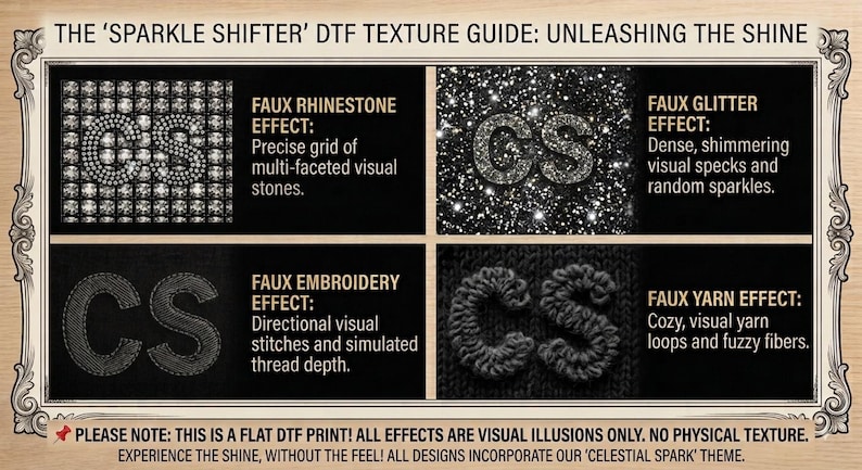 The image is a guide to the "Sparkle Shifter" DTM texture, featuring various effects such as faux rhinestone, faux glitter, faux embroidery, and faux yarn. The guide explains how these effects can be used to create visual illusions and enhance the sparkle of a design.