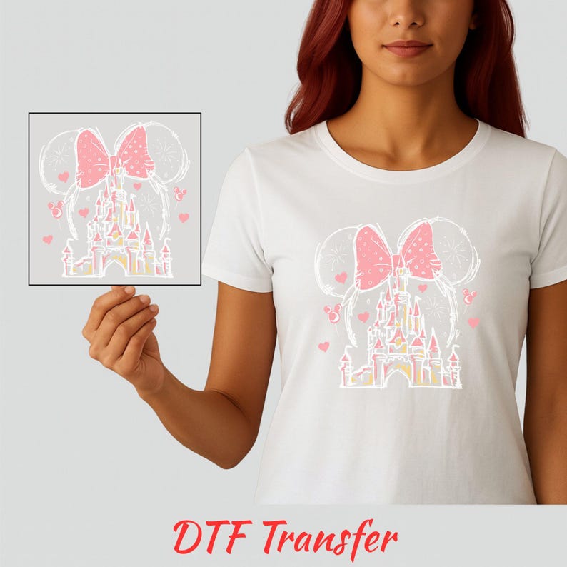 Minnie Disney Castle DTF Transfer, Pink Bow Disney Girl Iron-On, First Disney Trip Family Matching Ready to Press, Disney Girl Trip Decal image 6