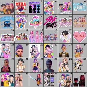 May include: A collection of stickers featuring various illustrations and text. The stickers showcase anime-style characters, K-pop groups, and graphic designs. Some stickers include text such as "MIRA", "HUNTRAX", "DERPY", "Six Boys", and "RUMI".