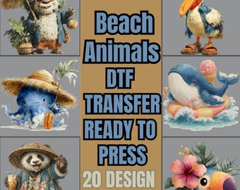Quirky Beach Animals Summer Kids DTF Transfer, Cute Colorful Ocean Sea Creatures Iron On Heat Transfer for Children Shirts