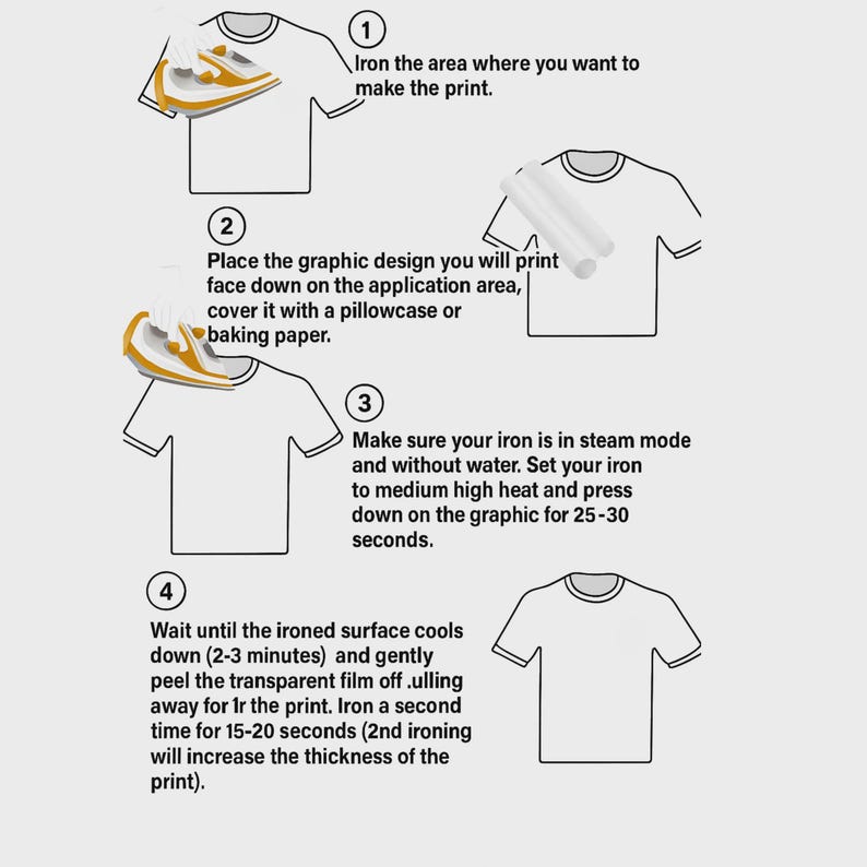 The image is a step-by-step guide on how to iron a graphic design onto a T-shirt. It shows the process of placing the design on the application area, placing the graphic design on the pillowcase or baking paper, setting the iron to medium high heat and pressing down on the graphic for 25-30 seconds, and waiting until the ironed surface cools down.