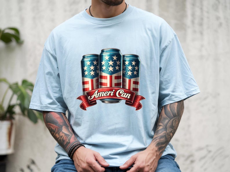 Ameri Can DTF Transfer, Metallic Patriotic Beer Can Iron On, 4th of July USA Flag Ribbon Design, Summer BBQ Ready to Press Heat Transfer Bild 2