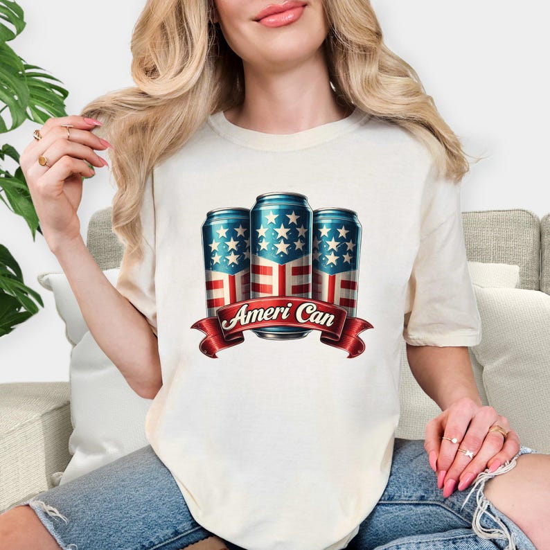 Ameri Can DTF Transfer, Metallic Patriotic Beer Can Iron On, 4th of July USA Flag Ribbon Design, Summer BBQ Ready to Press Heat Transfer Bild 5