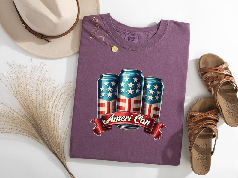 Ameri Can DTF Transfer, Metallic Patriotic Beer Can Iron On, 4th of July USA Flag Ribbon Design, Summer BBQ Ready to Press Heat Transfer Bild 3