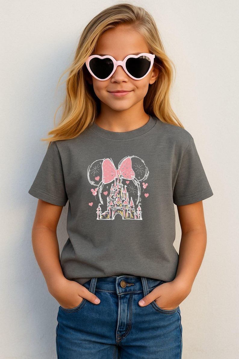 Minnie Disney Castle DTF Transfer, Pink Bow Disney Girl Iron-On, First Disney Trip Family Matching Ready to Press, Disney Girl Trip Decal image 2