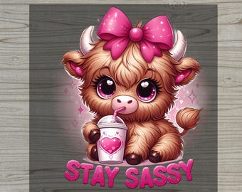 Cow , Cute Highland Cow Pink Bow Design, Stay Sassy DTF Transfer, Baby Cow Transfer, Western Kids Print For Shirts
