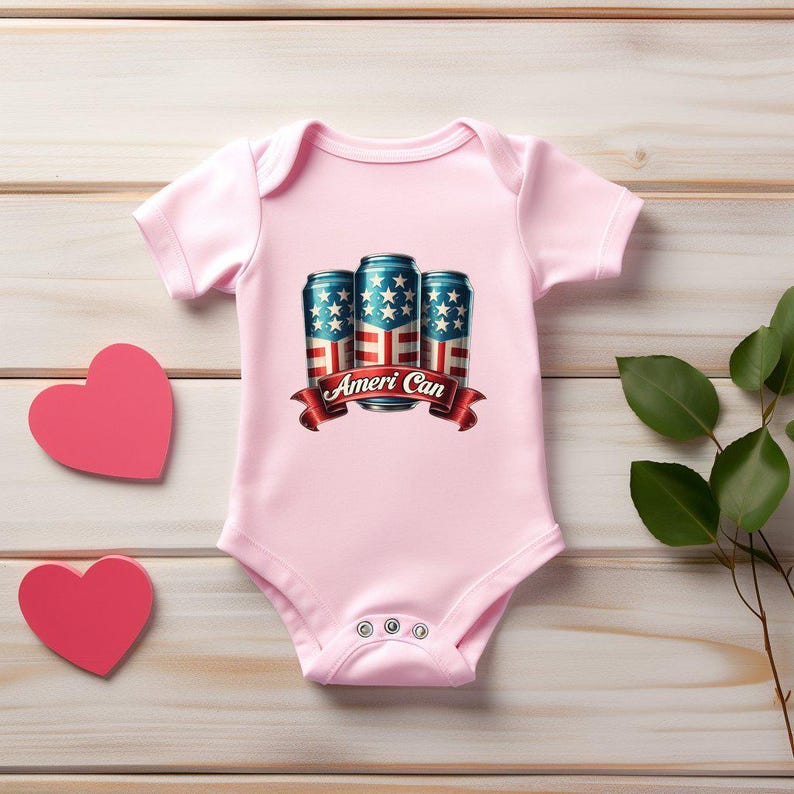 Ameri Can DTF Transfer, Metallic Patriotic Beer Can Iron On, 4th of July USA Flag Ribbon Design, Summer BBQ Ready to Press Heat Transfer Bild 4