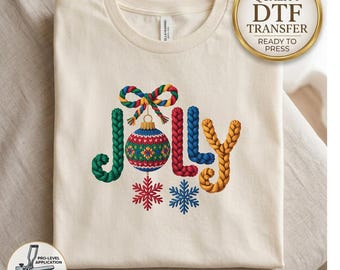 Jolly Christmas Faux Yarn DTF Transfer, Crochet Style Christmas Decal, Faux Embroidery Holiday Iron On, Festive Sweater Look Heat Press