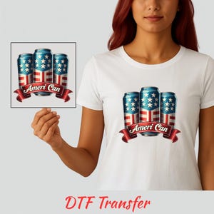 Ameri Can DTF Transfer, Metallic Patriotic Beer Can Iron On, 4th of July USA Flag Ribbon Design, Summer BBQ Ready to Press Heat Transfer Bild 6