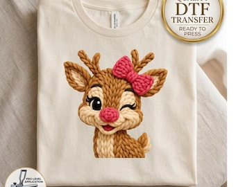 Cute Reindeer DTF Transfer, Faux Yarn Look Christmas Deer, Crochet Style Fawn Print, Heat Transfer for T-Shirts, Festive Bow Design