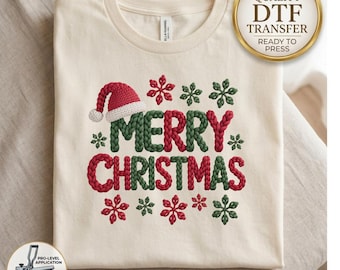 Merry Christmas DTF Transfer, Faux Yarn Look Crochet Style Transfer, Ready to Press Heat Transfer, Ugly Sweater Design